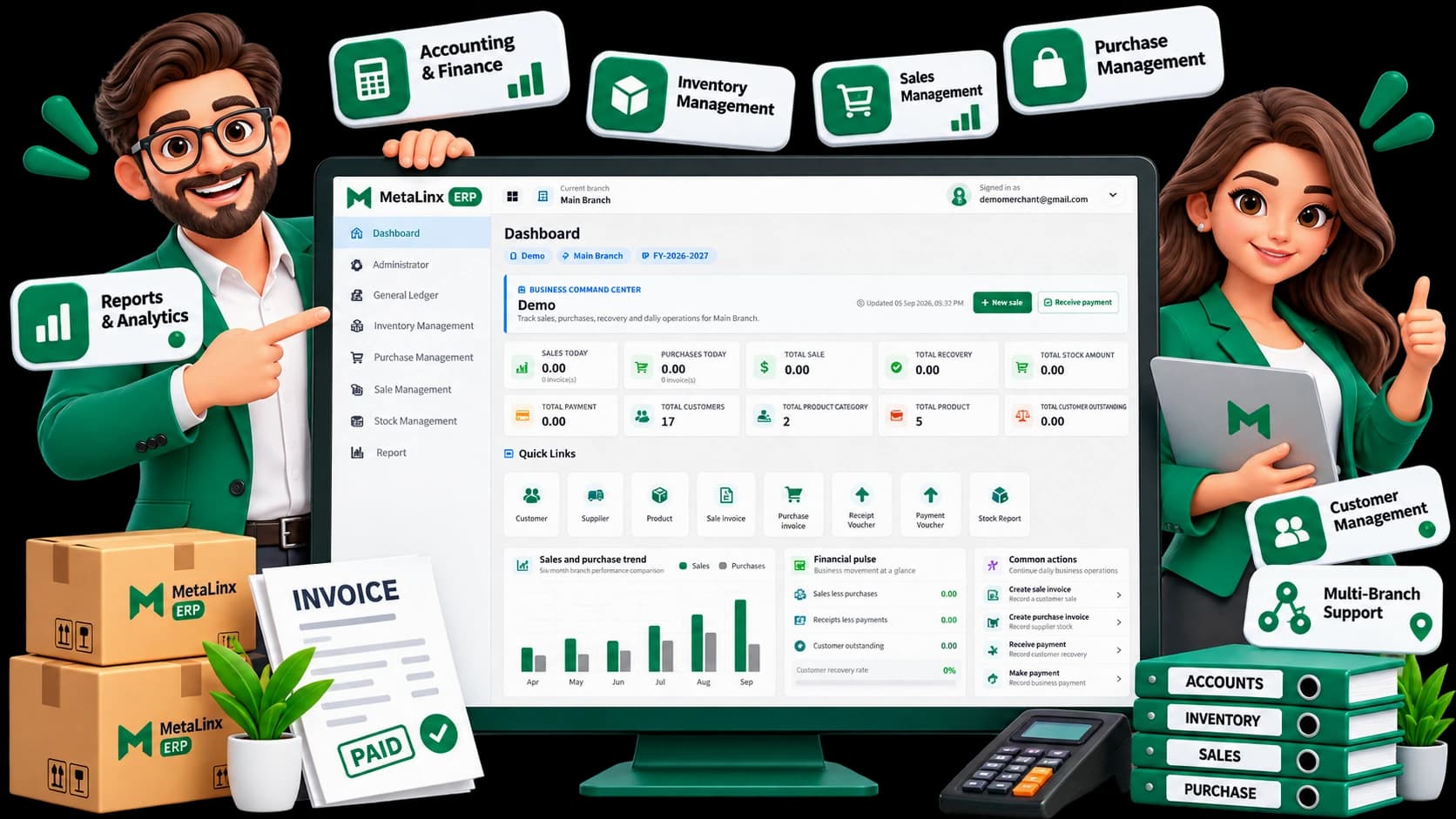 KhataSync ERP dashboard with sales, purchases, and expense totals, shown with a business owner and accountant