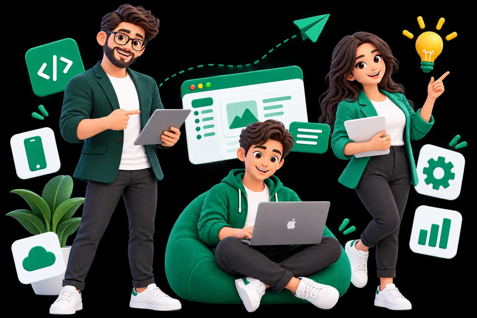 MetaLinx team members — developers and a designer — working across tablet, laptop, and web/app projects