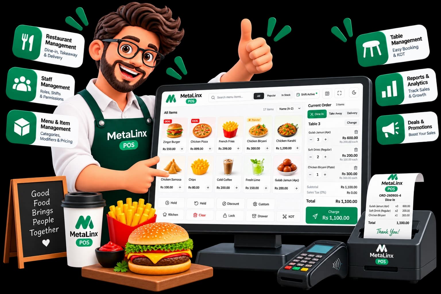 KhataSync POS checkout screen with a restaurant order in progress, shown with a cashier at the counter